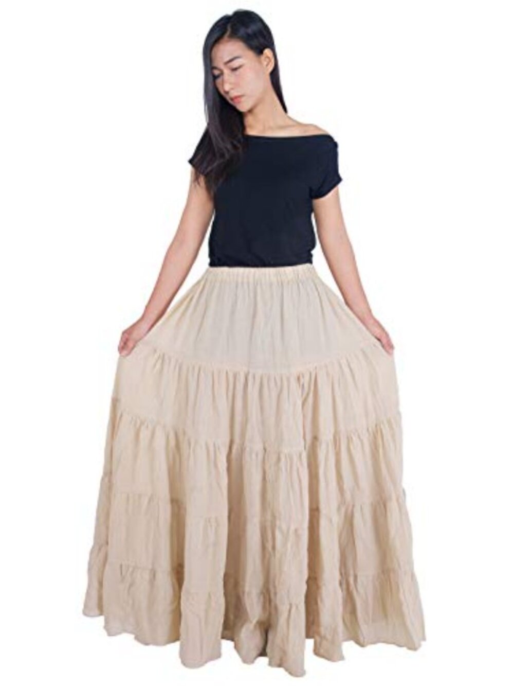 Retro Cotton Maxi Skirt Full Skirt Elastic Waist Handmade